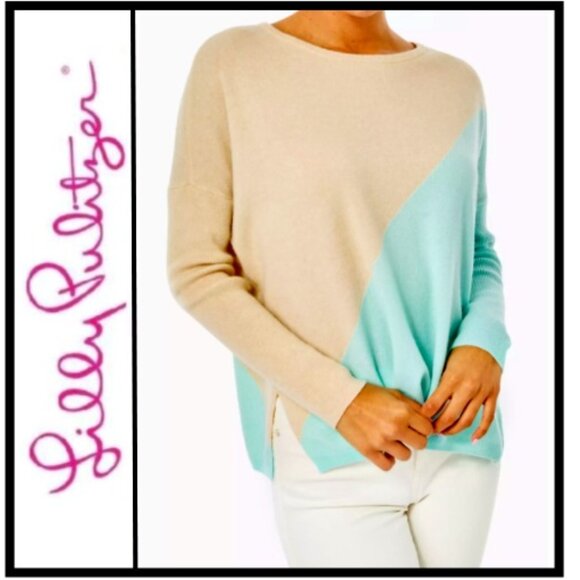 NWT Lilly Pulitzer L Napa Cashmere SEASALT BLUE Colorblock Sweater - Picture 1 of 7